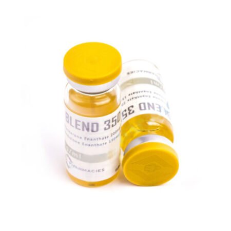 A vial of Blend 350 Gold by Euro-Pharmacies, a high-potency steroid mix for muscle growth and strength enhancement