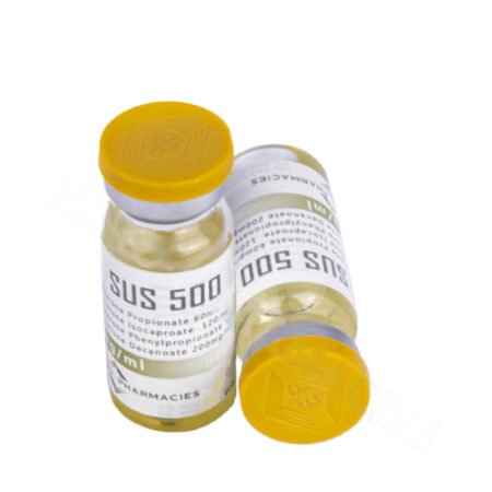 A vial of Sus 500 Gold (15 ml) by Euro-Pharmacies, a high-potency testosterone blend for muscle growth and strength enhancement