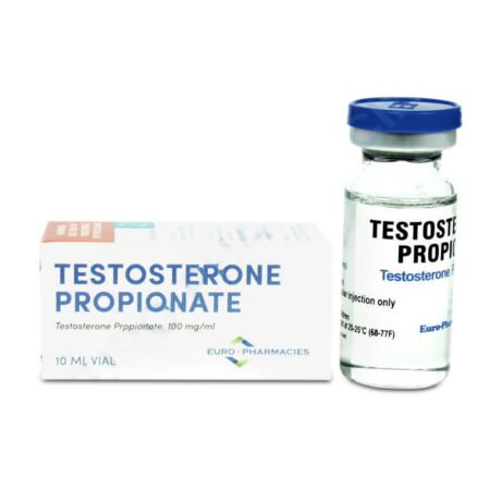 A vial of Testosterone Propionate (15 ml) by Euro-Pharmacies, a fast-acting anabolic steroid for muscle growth and strength